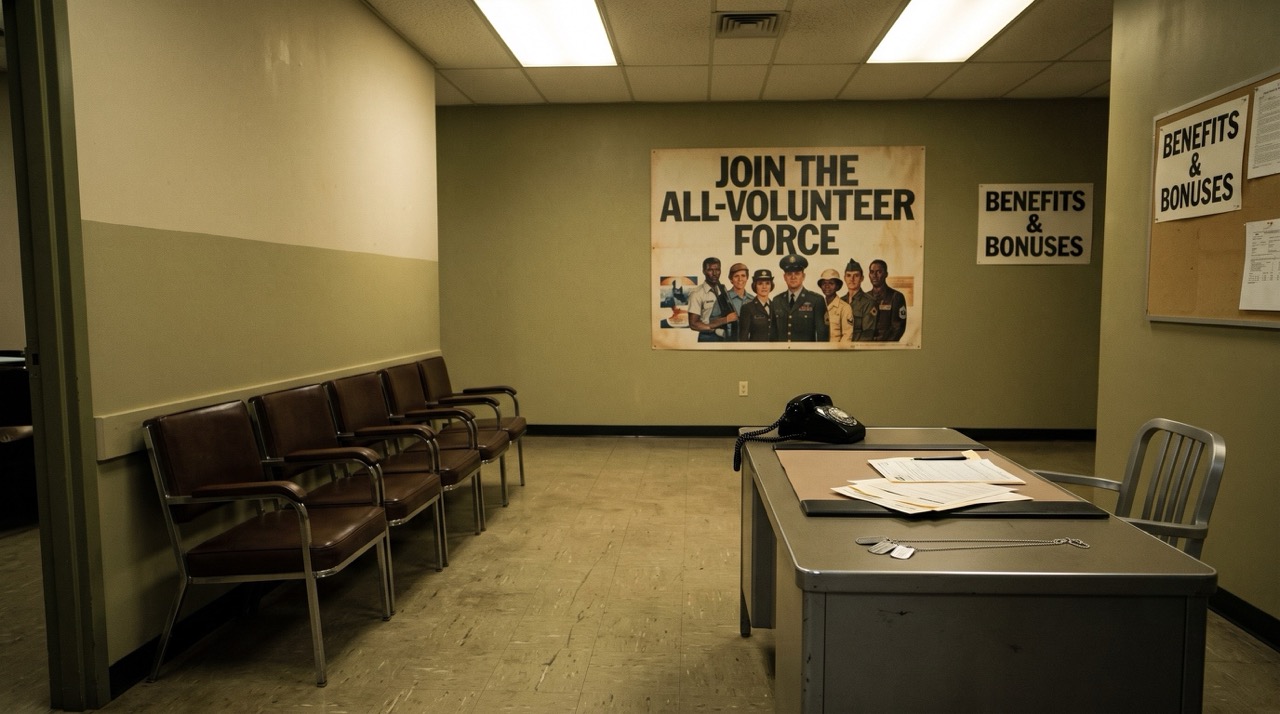 1970s U.S. military recruiting office with Join the All-Volunteer Force poster