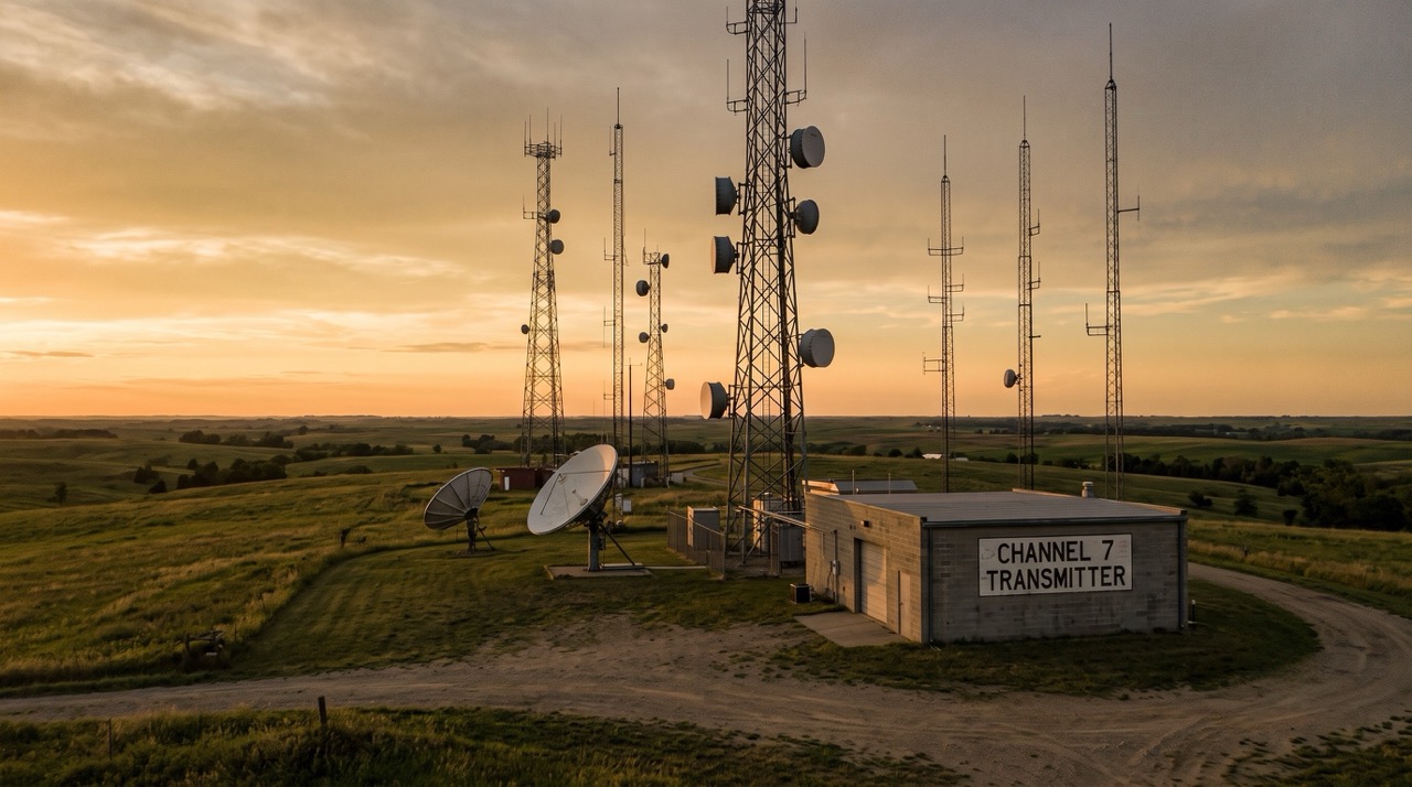 Broadcast towers and satellite dishes at a Channel 7 transmitter site at sunset