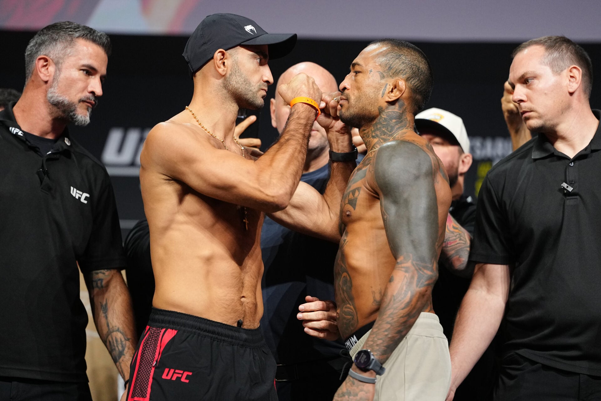 Watch UFC 331 opponents get separated by security after almost brawling backstage at the weigh-ins